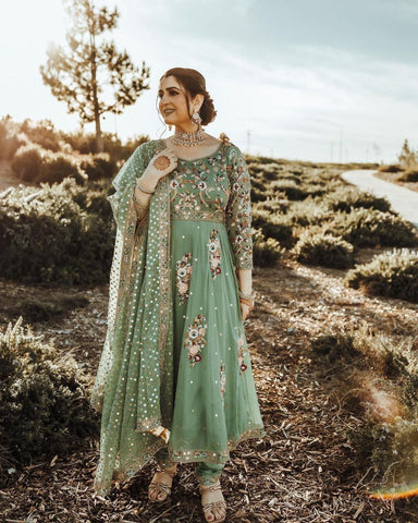 Fabulous Thread Work Pista Green Anarkali Gown