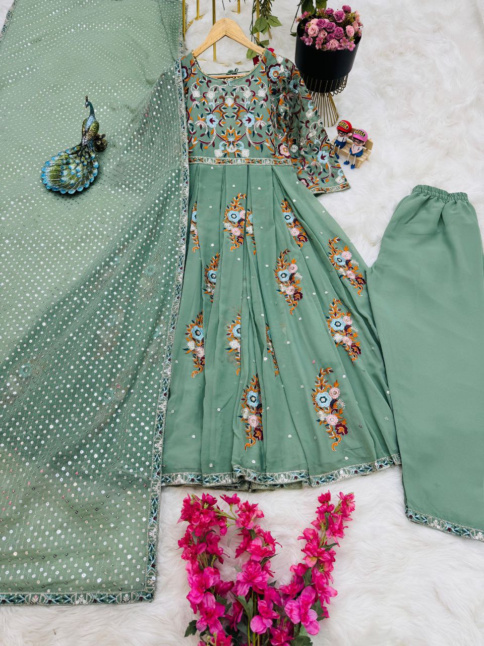 Fabulous Thread Work Pista Green Anarkali Gown