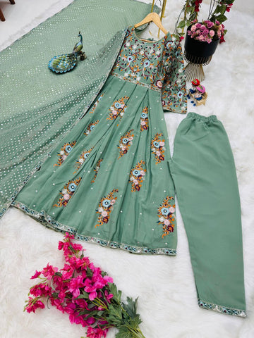 Fabulous Thread Work Pista Green Anarkali Gown