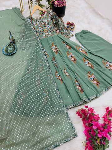 Fabulous Thread Work Pista Green Anarkali Gown