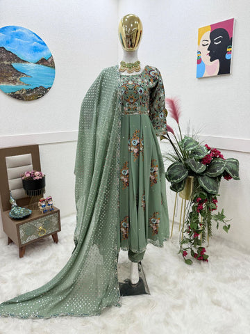 Fabulous Thread Work Pista Green Anarkali Gown
