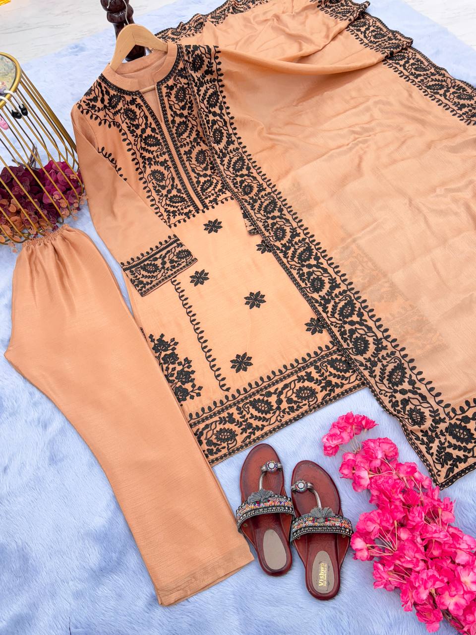 Demanding Peach Color Thread Work Salwar Suit