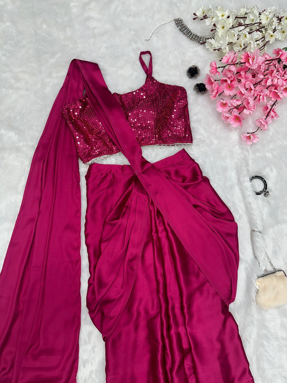 Fancy Ready To Wear Dark Pink Color Western Saree