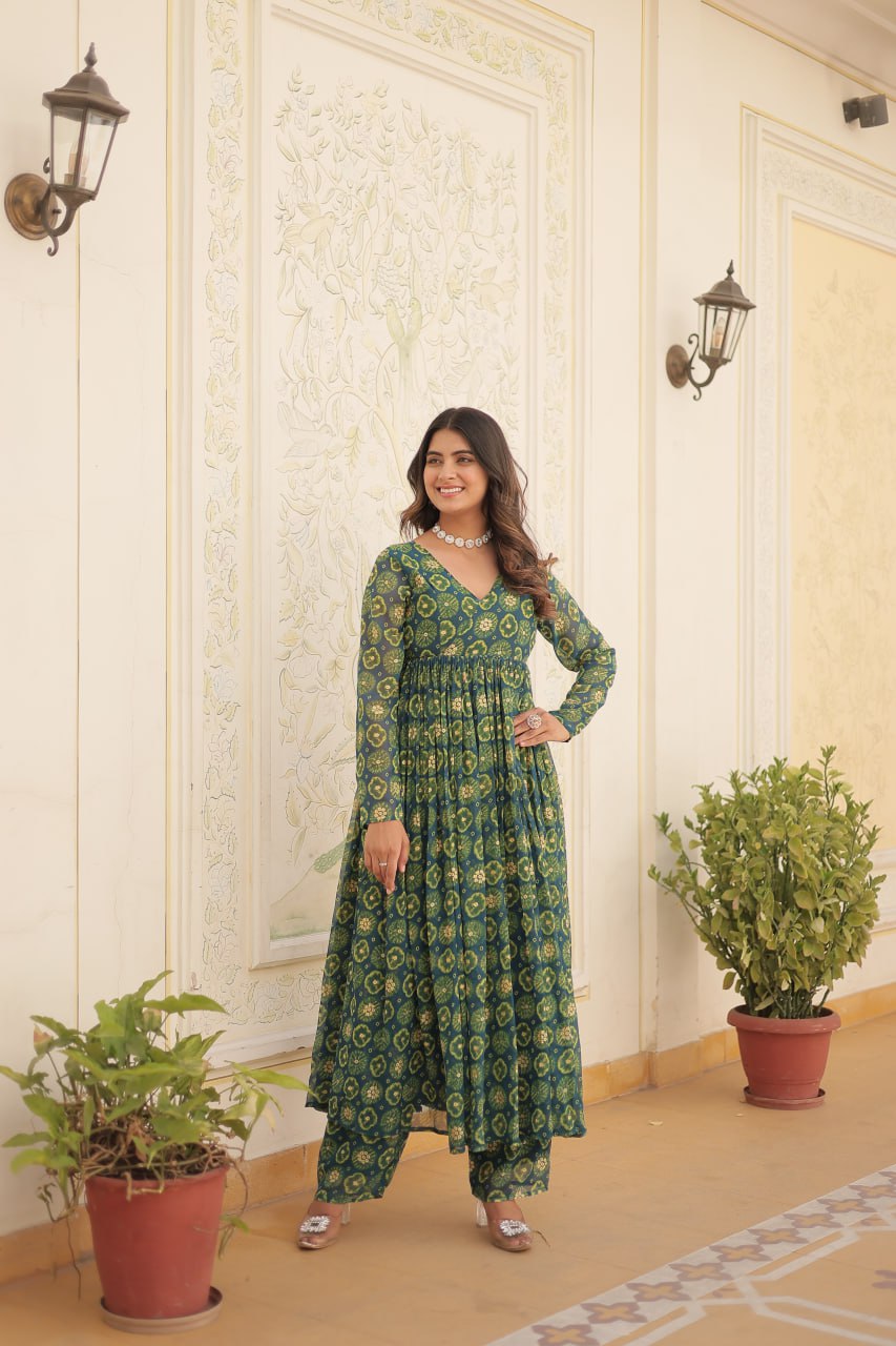 Festive Wear Teal Blue Color Foil Print Gown With Palazzo