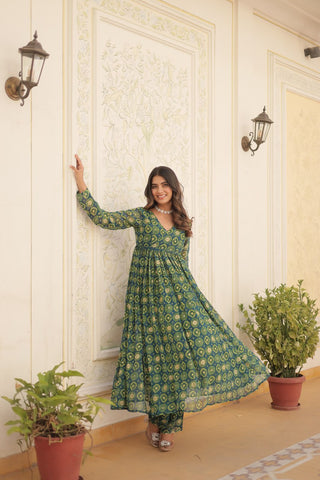 Festive Wear Teal Blue Color Foil Print Gown With Palazzo