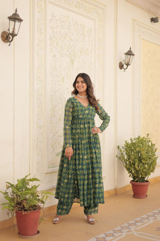 Festive Wear Teal Blue Color Foil Print Gown With Palazzo