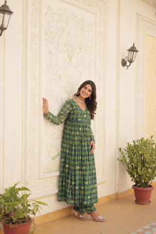 Festive Wear Teal Blue Color Foil Print Gown With Palazzo