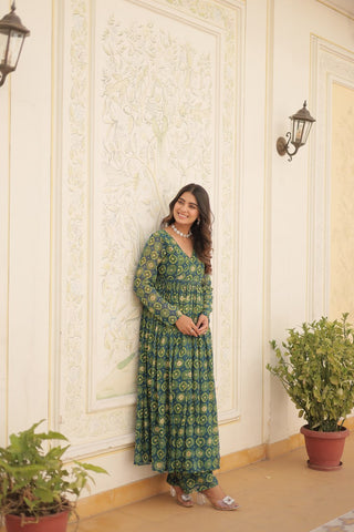 Festive Wear Teal Blue Color Foil Print Gown With Palazzo