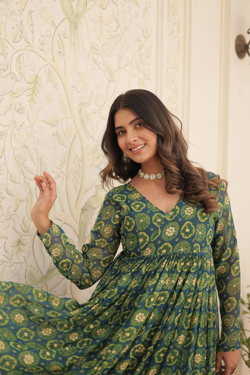 Festive Wear Teal Blue Color Foil Print Gown With Palazzo