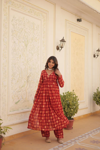 Festive Wear Red Color Foil Print Gown With Palazzo