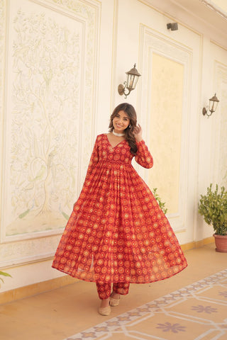Festive Wear Red Color Foil Print Gown With Palazzo