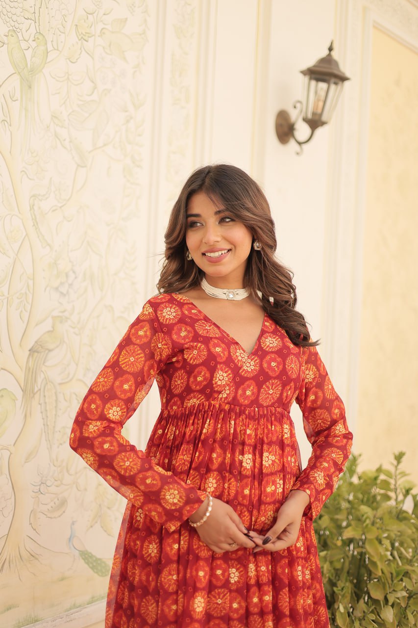 Festive Wear Red Color Foil Print Gown With Palazzo