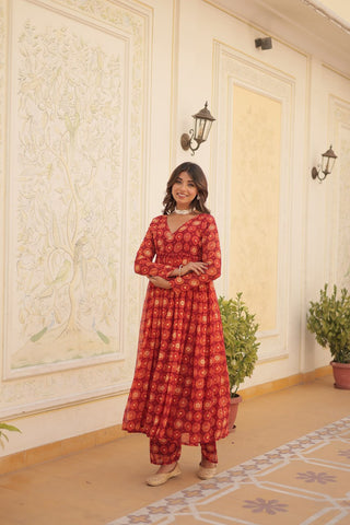 Festive Wear Red Color Foil Print Gown With Palazzo