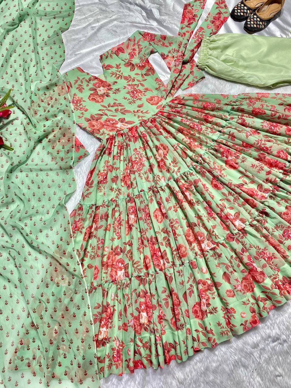 Exclusive Pista Color Digital Printed Anarkali Gown
