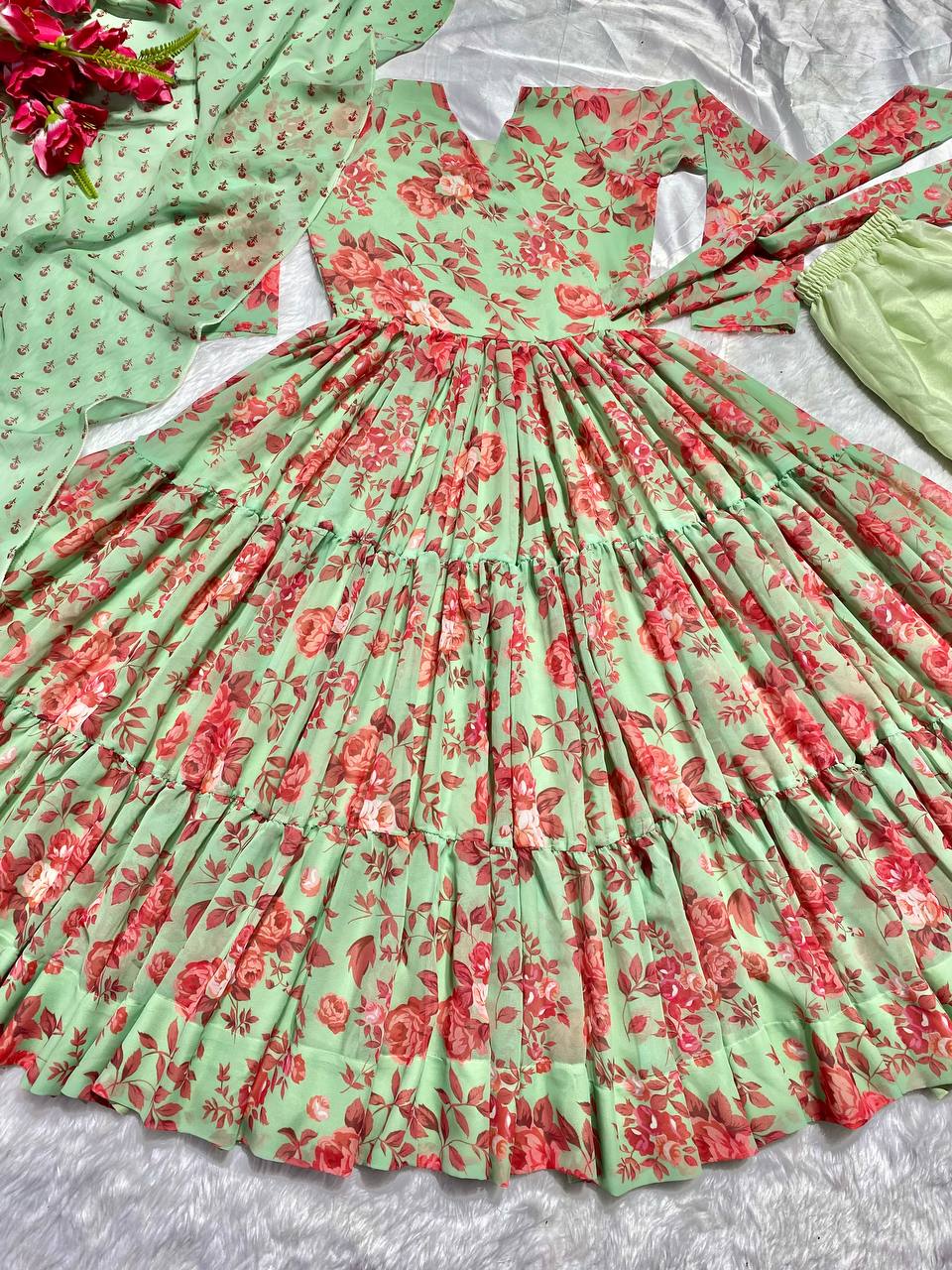 Exclusive Pista Color Digital Printed Anarkali Gown