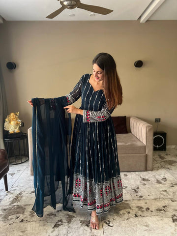 Party Wear Teal Blue Color Anarkali Gown