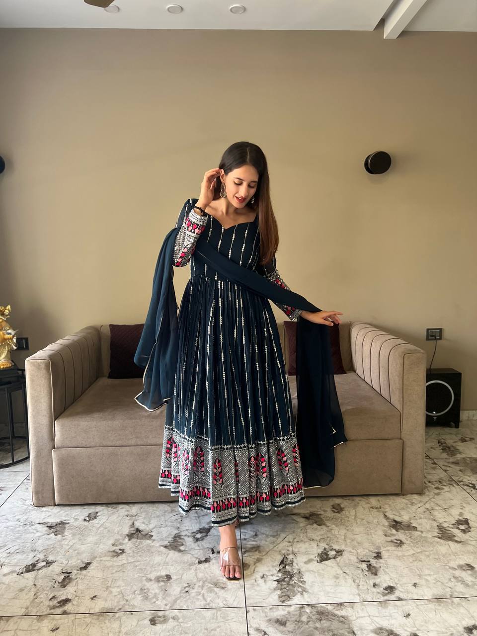 Party Wear Teal Blue Color Anarkali Gown