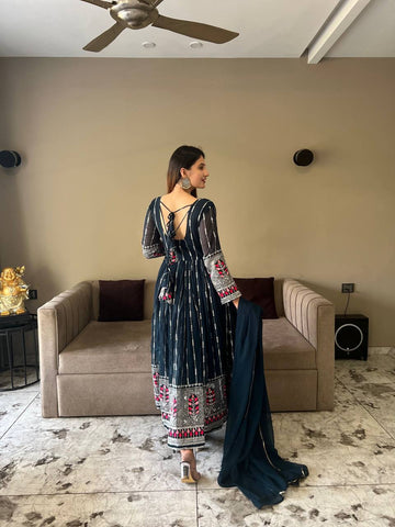 Party Wear Teal Blue Color Anarkali Gown