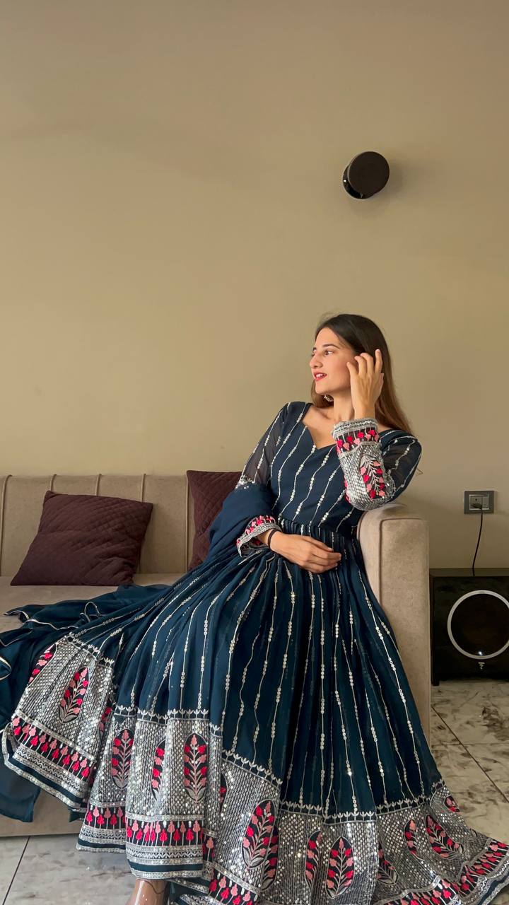 Party Wear Teal Blue Color Anarkali Gown