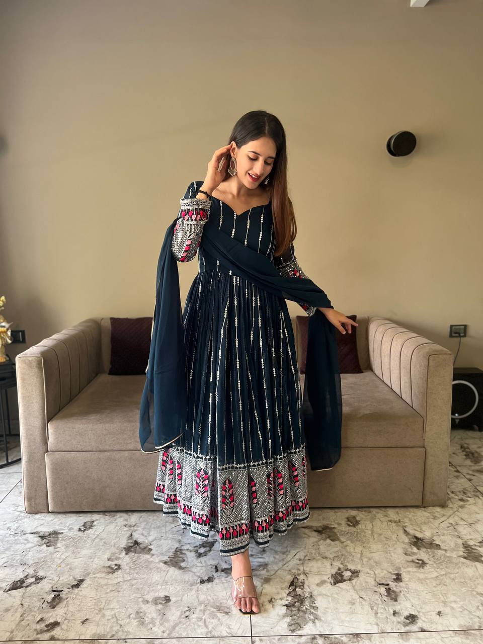Party Wear Teal Blue Color Anarkali Gown