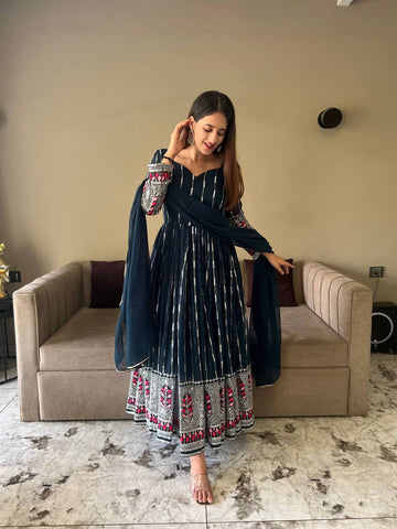 Party Wear Teal Blue Color Anarkali Gown