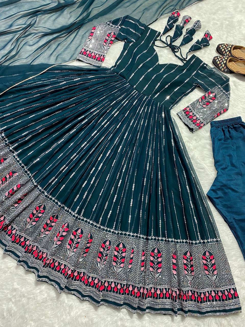 Party Wear Teal Blue Color Anarkali Gown