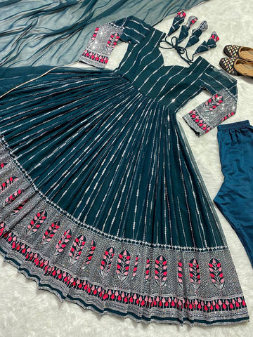 Party Wear Teal Blue Color Anarkali Gown