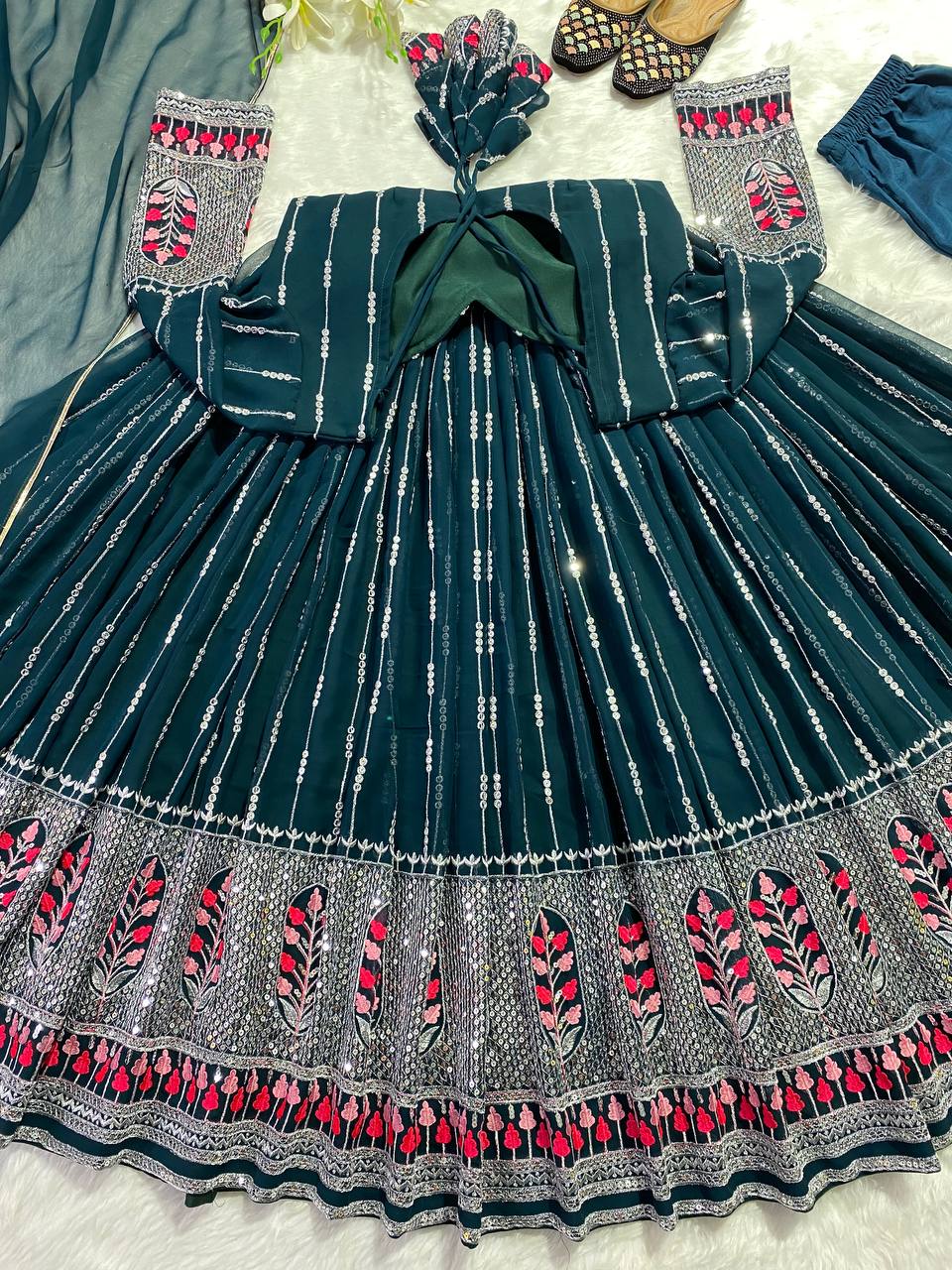 Party Wear Teal Blue Color Anarkali Gown