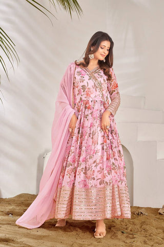 Stylish Light Pink Color Embroidery Sequence Work Gown