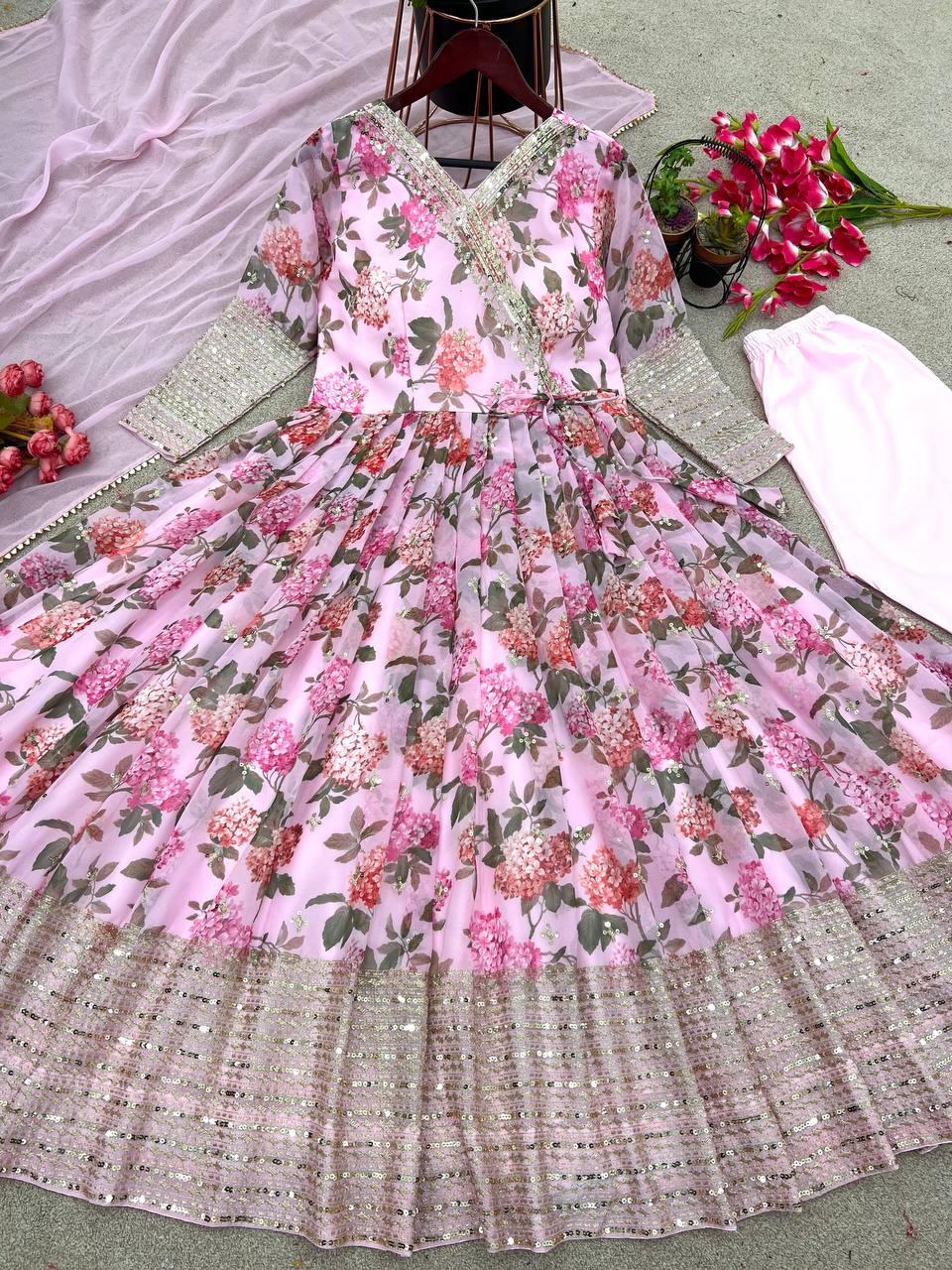 Stylish Light Pink Color Embroidery Sequence Work Gown