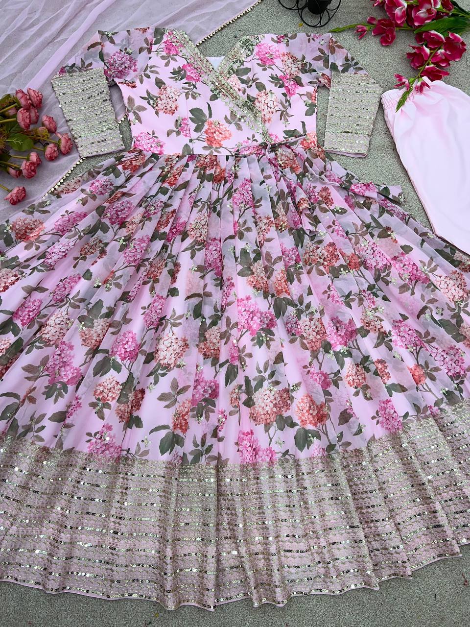 Stylish Light Pink Color Embroidery Sequence Work Gown