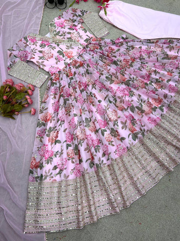 Stylish Light Pink Color Embroidery Sequence Work Gown