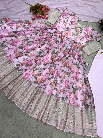 Stylish Light Pink Color Embroidery Sequence Work Gown