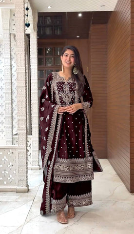 Graceful Embroidery Work Brown Color Palazzo Suit
