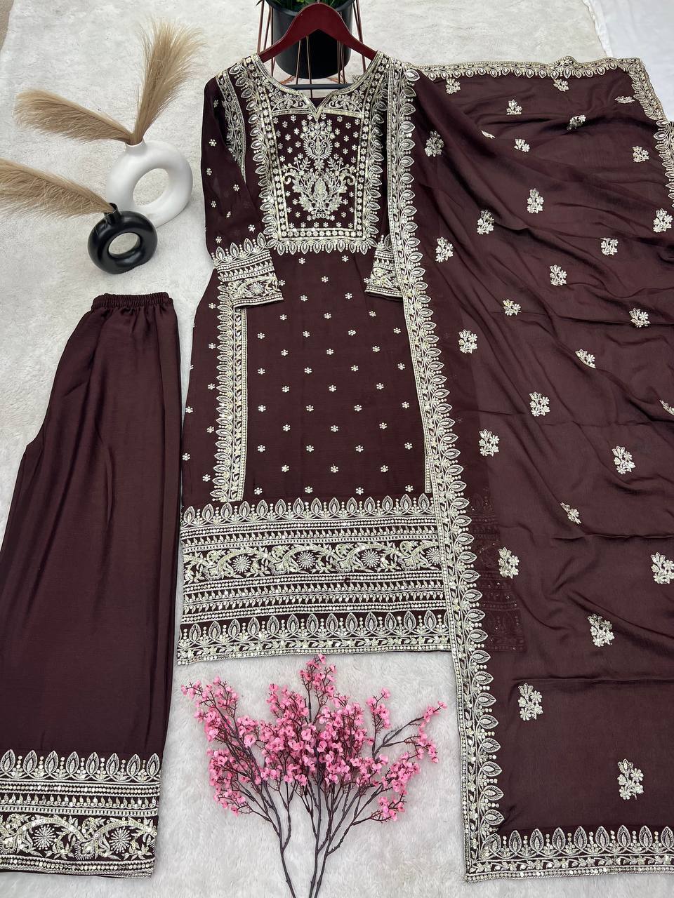 Graceful Embroidery Work Brown Color Palazzo Suit