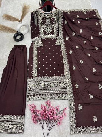 Graceful Embroidery Work Brown Color Palazzo Suit