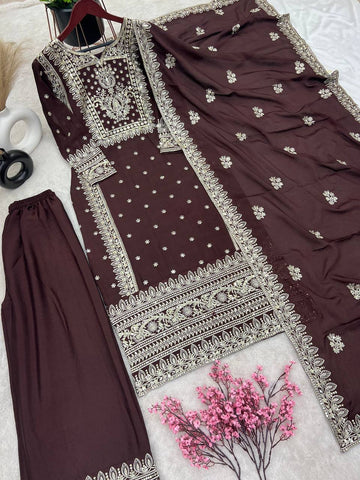 Graceful Embroidery Work Brown Color Palazzo Suit