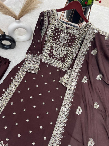 Graceful Embroidery Work Brown Color Palazzo Suit