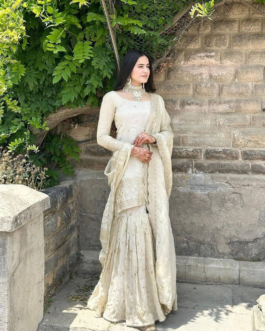 Party Wear White Color Georgette Embroidery Work Sharara Suit