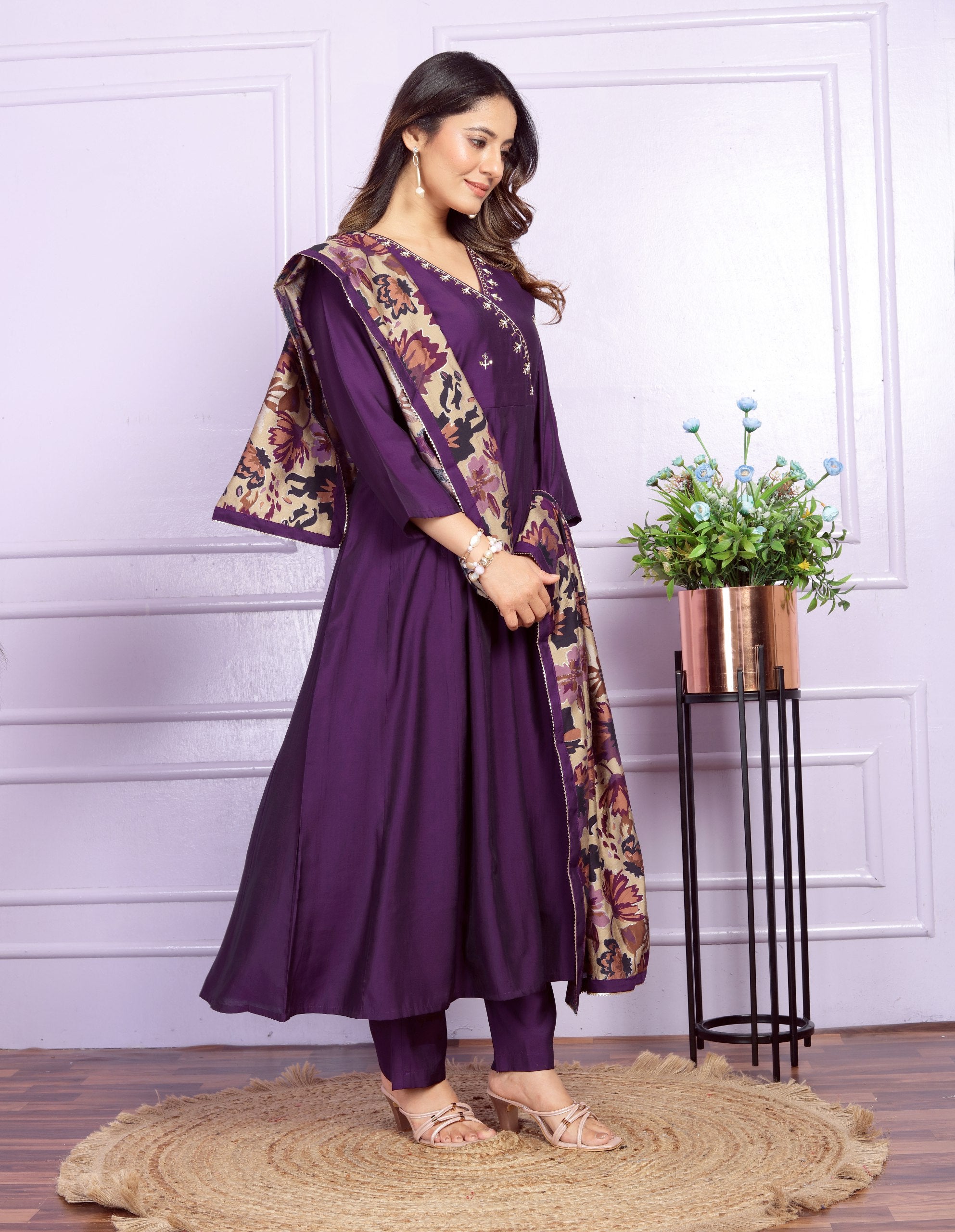 Angrakha Neck Wine Color Kurta Pant With Dupatta
