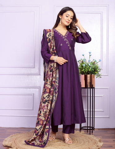 Angrakha Neck Wine Color Kurta Pant With Dupatta