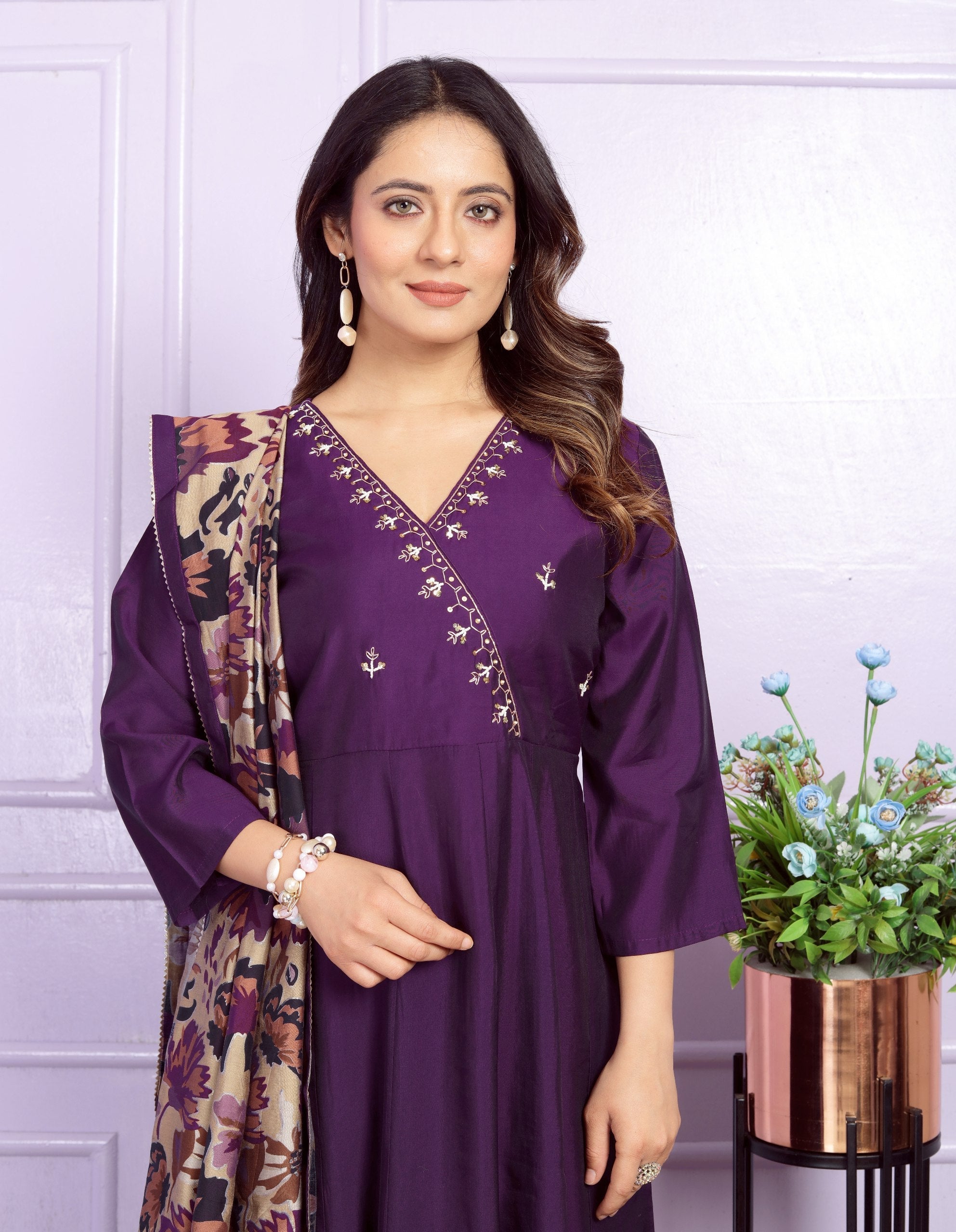 Angrakha Neck Wine Color Kurta Pant With Dupatta