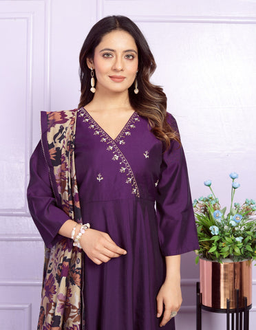 Angrakha Neck Wine Color Kurta Pant With Dupatta
