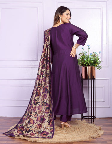 Angrakha Neck Wine Color Kurta Pant With Dupatta
