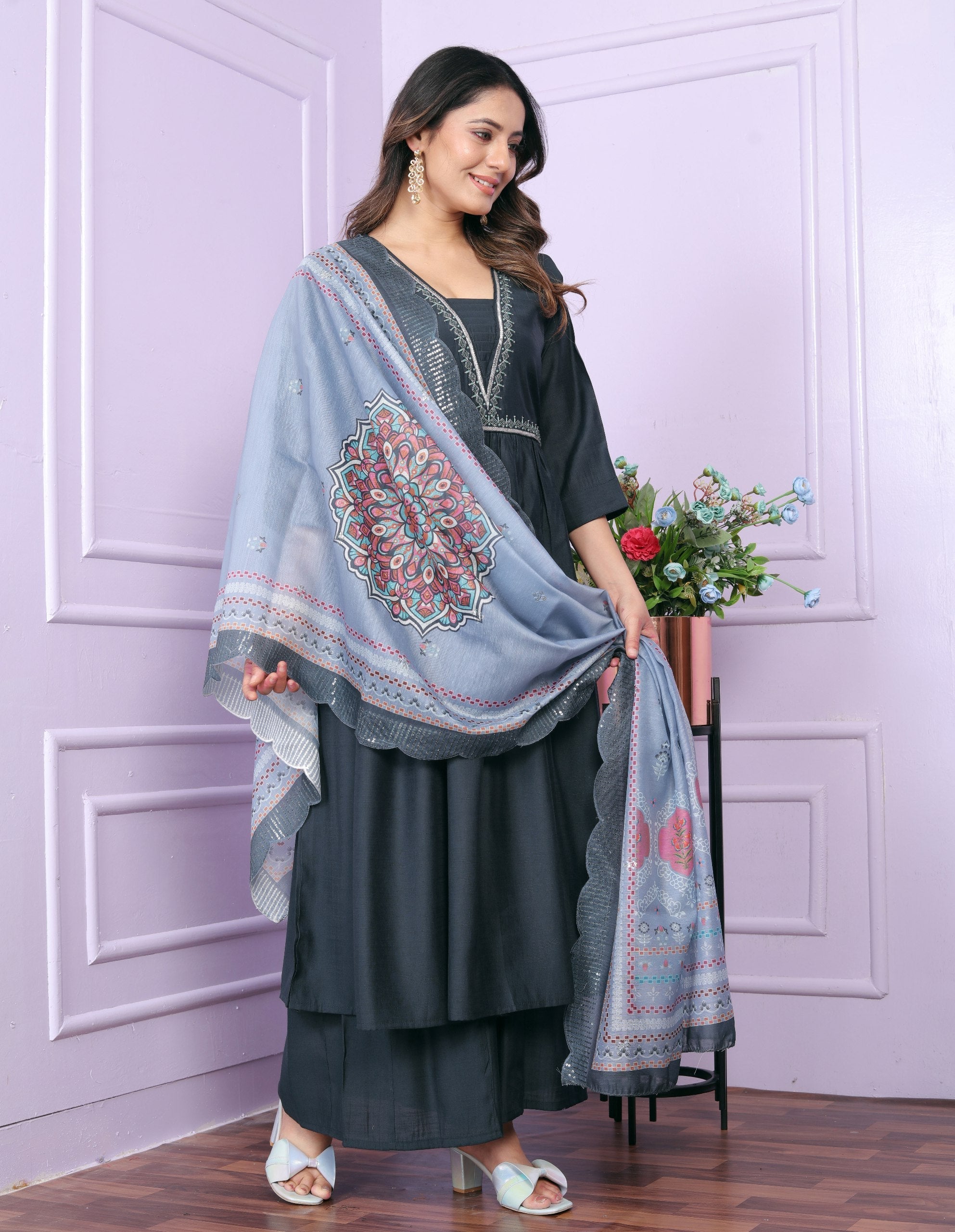 Gorgeous Dark Grey Color Work Palazzo Suit