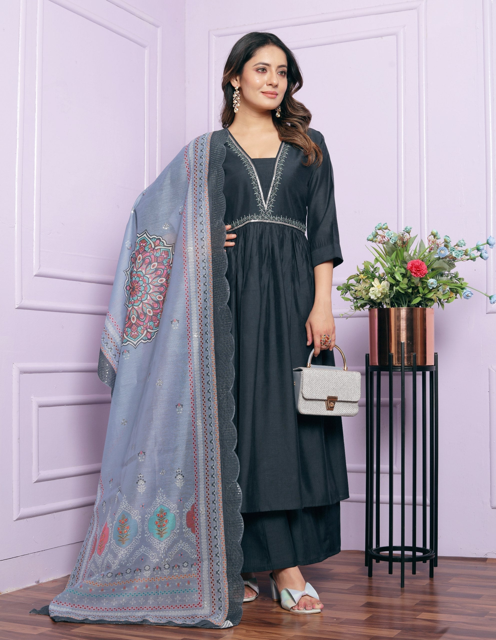 Gorgeous Dark Grey Color Work Palazzo Suit