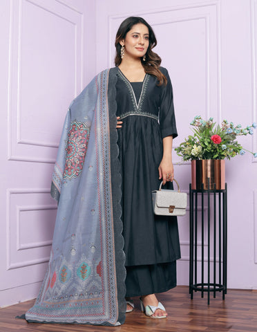 Gorgeous Dark Grey Color Work Palazzo Suit
