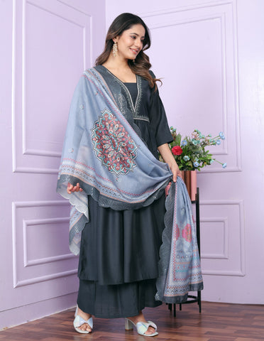 Gorgeous Dark Grey Color Work Palazzo Suit