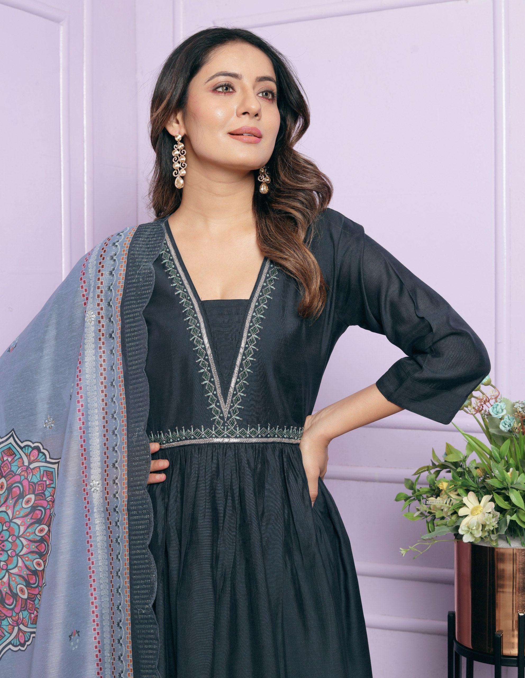 Gorgeous Dark Grey Color Work Palazzo Suit