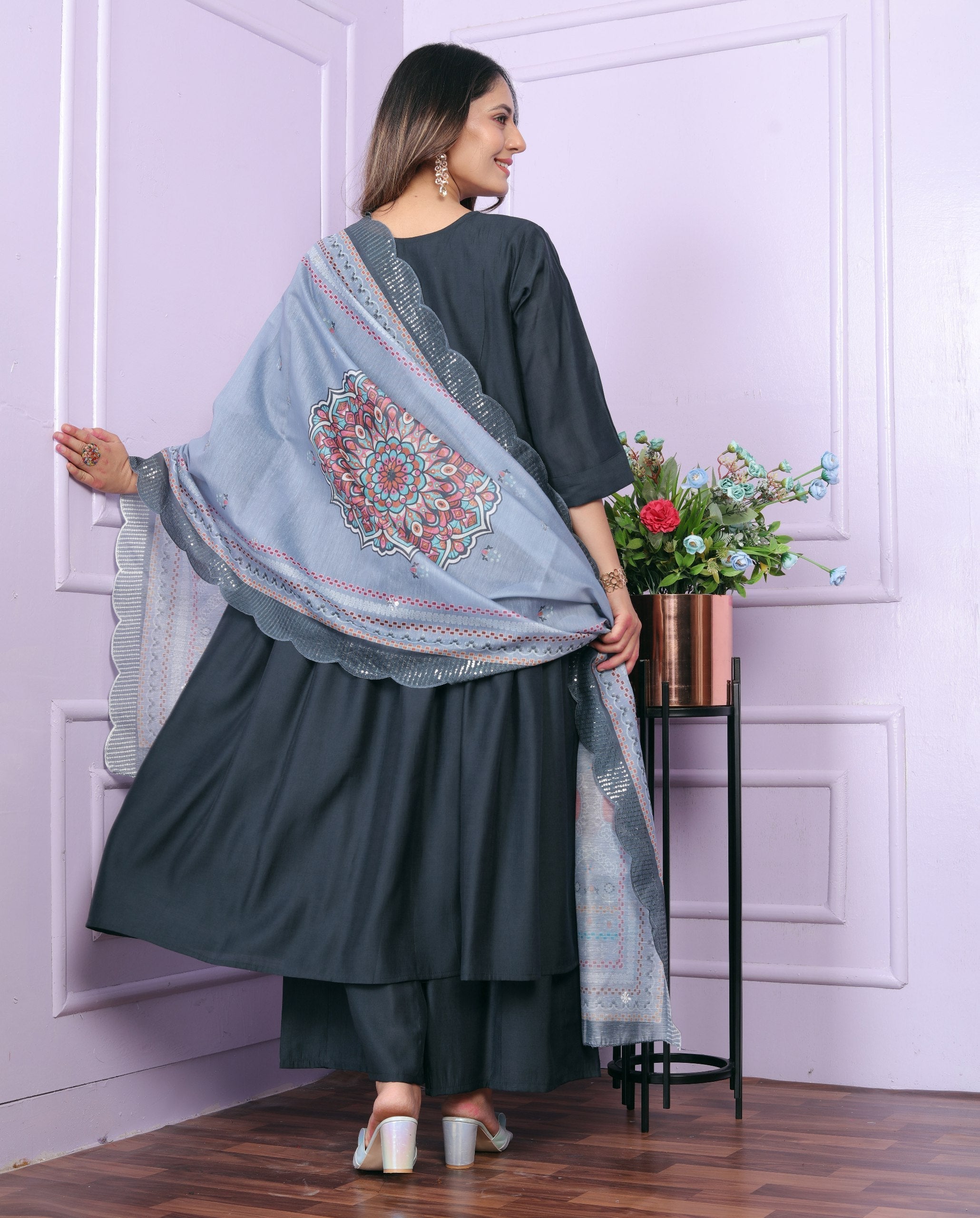Gorgeous Dark Grey Color Work Palazzo Suit